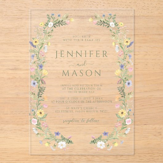 Kleurrijke Delicate Floral Krans bruiloft Acryl Uitnodigingen (Voorkant)