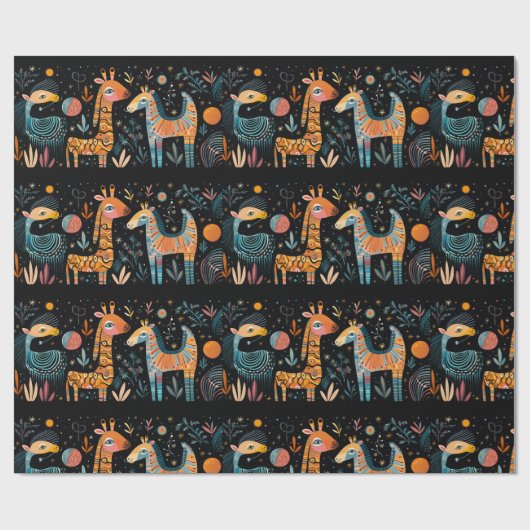 Kleurrijke denkbeeldige dieren op zwart cadeaupapier (Vlak)