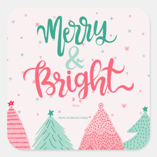 Kleurrijke dennenbomen Merry & Bright Pink Vierkante Sticker (Voorkant)