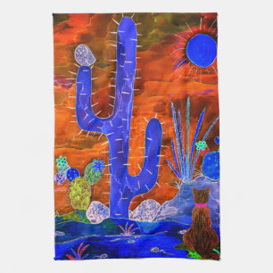 Kleurrijke Desert Cactus Kat Keuken Handdoek