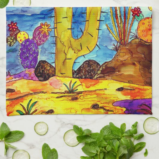 Kleurrijke Desert Cactus Keuken Handdoek (Gevouwen)