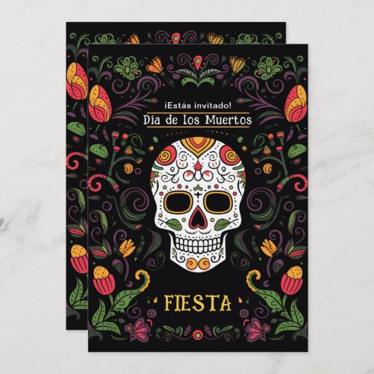 💀 Kleurrijke Día de Muertos Feestuitnodiging Kaart (Voorkant / Achterkant)