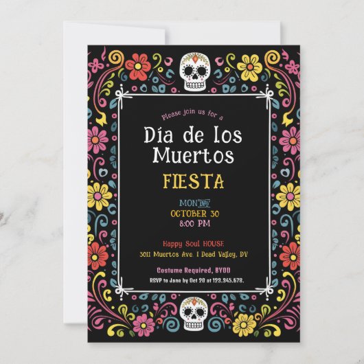 💀 Kleurrijke Día de Muertos Feestuitnodiging Kaart (Voorkant)