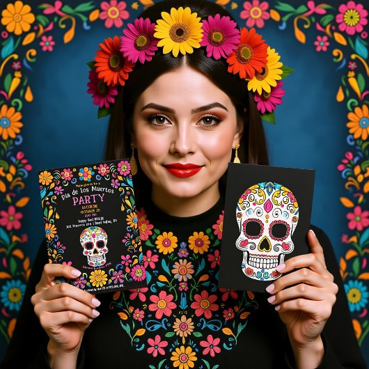💀 Kleurrijke Día de Muertos Feestuitnodiging Kaart