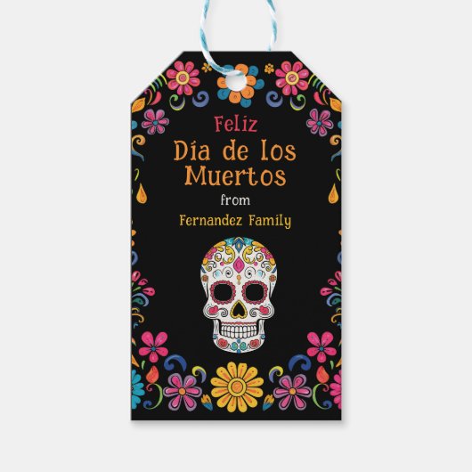 💀 Kleurrijke Día de Muertos Party Cadeaulabel (Voorkant)