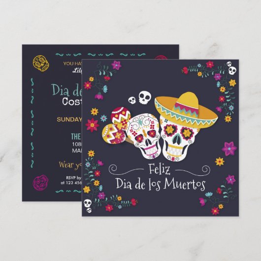 Kleurrijke Dia de Muertos Party | Uitnodiging (Voorkant / Achterkant)