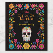 💀 Kleurrijke Día de Muertos Party Wijn Etiket (Enkel label)