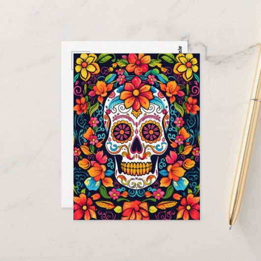 Kleurrijke Dia de Muertos☠️ Suikerschedel Briefkaart (Voorkant / Achterkant in situ)