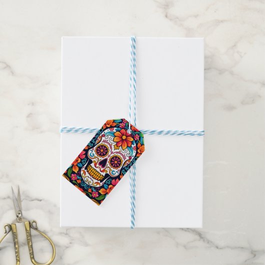 Kleurrijke Dia de Muertos☠️ Suikerschedel Cadeaulabel (Met Touw)