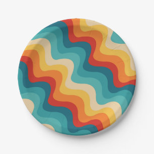 Kleurrijke diagonale golven in retro stijl papieren bordje