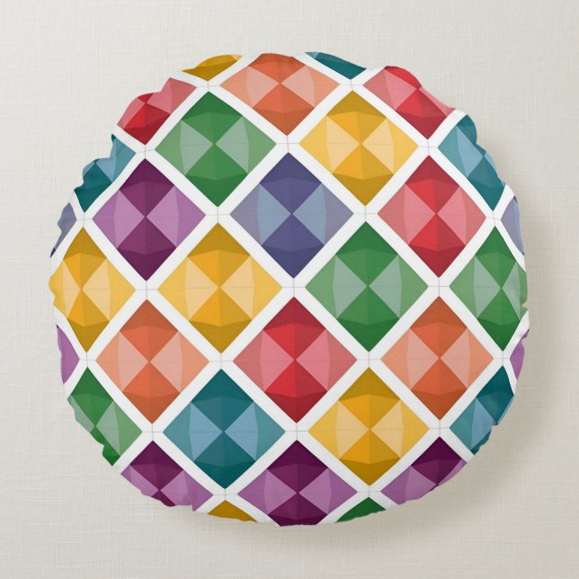 Kleurrijke Diamantpatroon Canvas tassen Vibrant Ge Rond Kussen (Voorkant)
