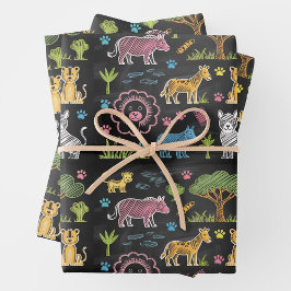 Kleurrijke dieren en bomen zijn gerangschikt  inpakpapier vel