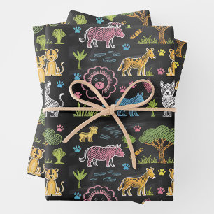 Kleurrijke dieren en bomen zijn gerangschikt  inpakpapier vel