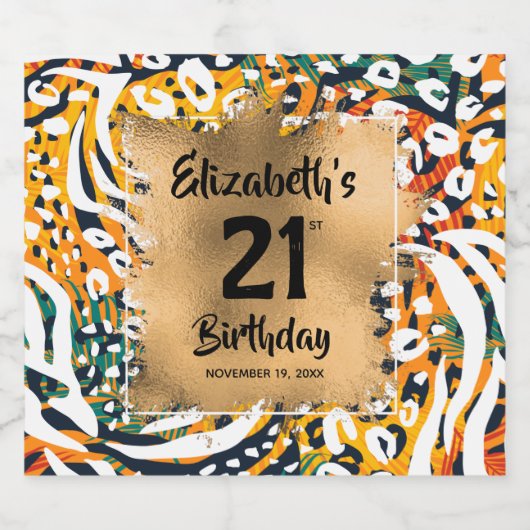 Kleurrijke dierlijke afdruk 21e verjaardag op maat sparkling wijnetiket (Enkel label)