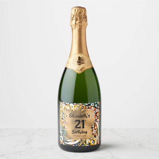 Kleurrijke dierlijke afdruk 21e verjaardag op maat sparkling wijnetiket (Voorkant)