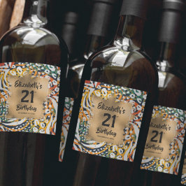 Kleurrijke dierlijke afdruk 21e verjaardag op maat wijn etiket