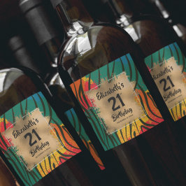 Kleurrijke dierlijke afdruk 21e verjaardag op maat wijn etiket