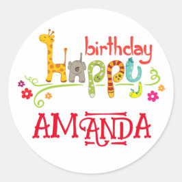Kleurrijke dierlijke karakters Gelukkige Verjaarda Ronde Sticker