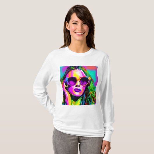 Kleurrijke Digitale Kunst Dame in Zonnebril T-shirt (Voorkant volledig)