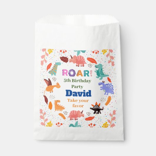 kleurrijke Dinosauriërs op verjaardagsfeestje Bedankzakje (Voorkant)