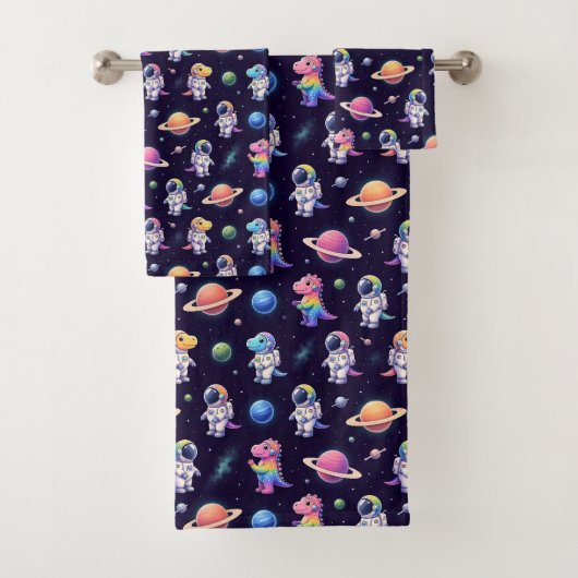 Kleurrijke Dinosauriërs Outer Space Planeten Regen Bad Handdoek (Insitu)