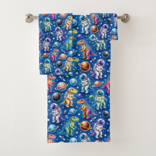 Kleurrijke Dinosauriërs Outer Space Planeten Regen Bad Handdoek (Insitu)