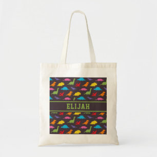 Kleurrijke dinosauriërs patroon, naam kind tote bag