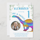 Kleurrijke dinosaurus 1e verjaardagsfeest kaart (Voorkant)