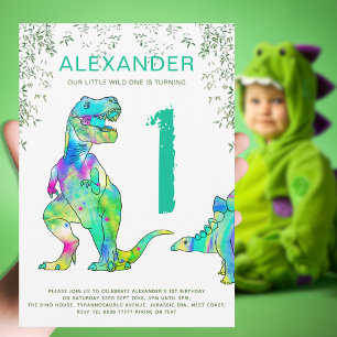 Kleurrijke dinosaurus 1e verjaardagsfeest kaart