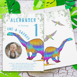 Kleurrijke dinosaurus 1e verjaardagsfeest kaart