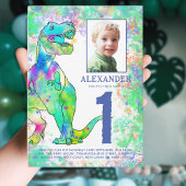 Kleurrijke dinosaurus 1e verjaardagsfeest uitnodiging briefkaart