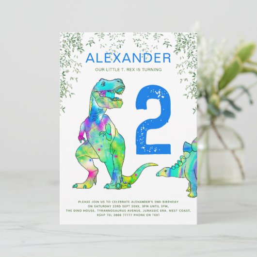 Kleurrijke dinosaurus 2e verjaardagsfeest kaart (Staand voorkant)