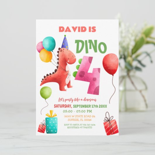 Kleurrijke Dinosaurus 4e Verjaardag Dino Party Kaart (Staand voorkant)