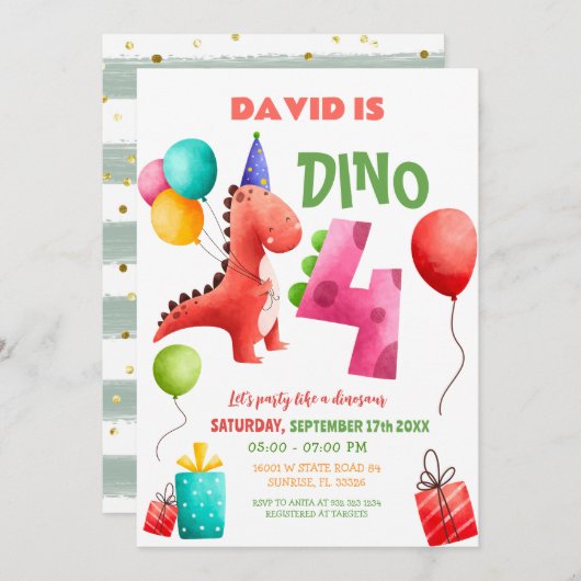 Kleurrijke Dinosaurus 4e Verjaardag Dino Party Kaart (Voorkant / Achterkant)