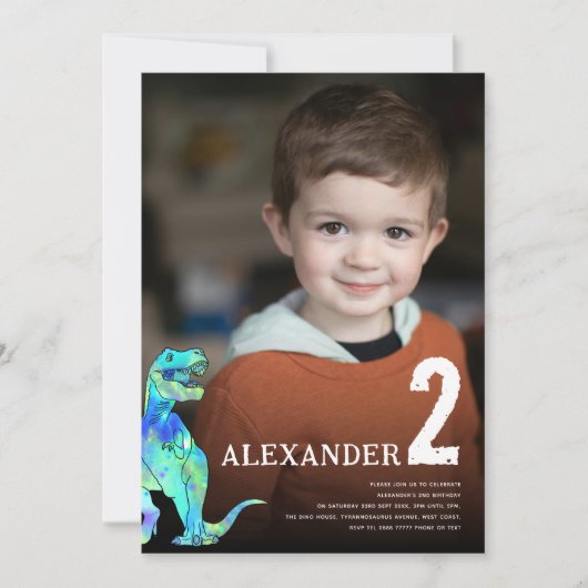 Kleurrijke Dinosaurus Custom Photo 2e Verjaardagsf Kaart (Voorkant)