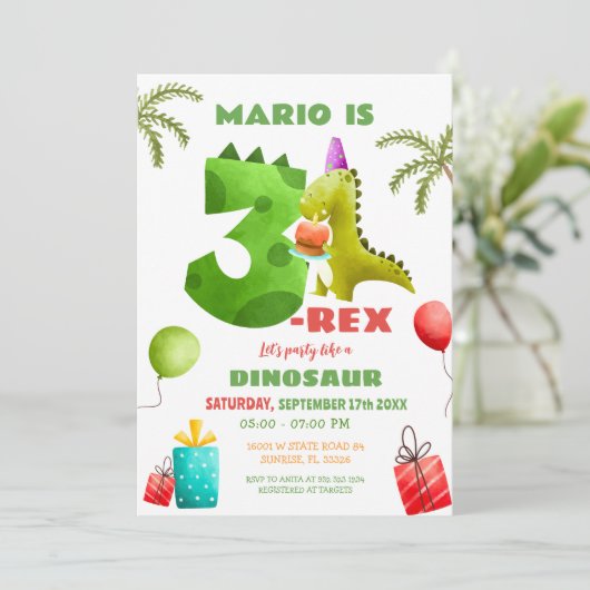 Kleurrijke Dinosaurus Drie Rex 3e Verjaardagsfeest Kaart (Staand voorkant)