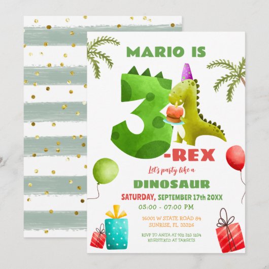 Kleurrijke Dinosaurus Drie Rex 3e Verjaardagsfeest Kaart (Voorkant / Achterkant)