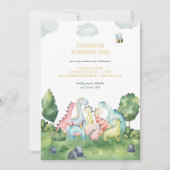 Kleurrijke Dinosaurus Eerste Verjaardagsfeest Kaart (Voorkant)