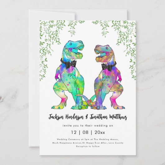 Kleurrijke Dinosaurus Gay Wedding T-Rex Twee Groom Kaart (Voorkant)