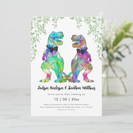 Kleurrijke Dinosaurus Gay Wedding T-Rex Twee Groom Kaart (Staand voorkant)