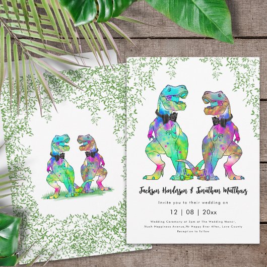 Kleurrijke Dinosaurus Gay Wedding T-Rex Twee Groom Kaart