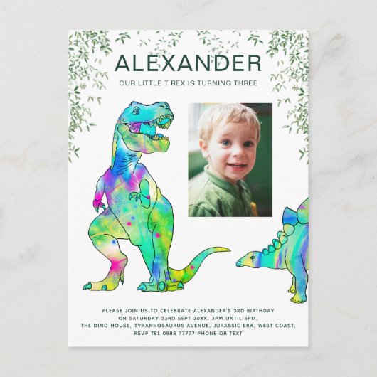 Kleurrijke Dinosaurus Jongens 3e Verjaardag Party  Uitnodiging Briefkaart (Voorkant)