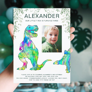 Kleurrijke Dinosaurus Jongens 3e Verjaardag Party  Uitnodiging Briefkaart