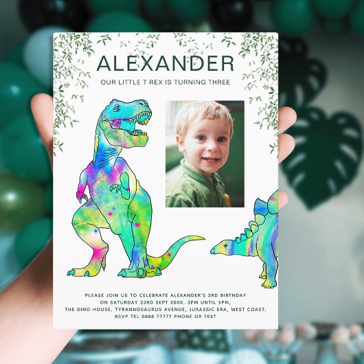Kleurrijke Dinosaurus Jongens 3e Verjaardag Party  Uitnodiging Briefkaart