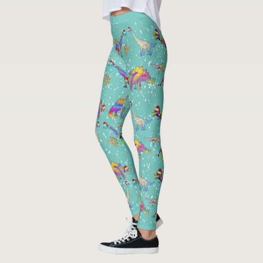 Kleurrijke Dinosaurus Kerstmis Leggings (Links)