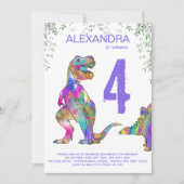 Kleurrijke Dinosaurus Meisjes 4e Verjaardagsfeest Kaart (Voorkant)