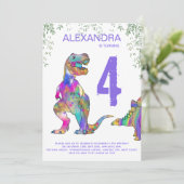 Kleurrijke Dinosaurus Meisjes 4e Verjaardagsfeest Kaart (Staand voorkant)