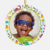 Kleurrijke Dinosaurus Patroon Kind Naam Foto Kerst Keramisch Ornament (Voorkant)