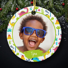 Kleurrijke Dinosaurus Patroon Kind Naam Foto Kerst Keramisch Ornament