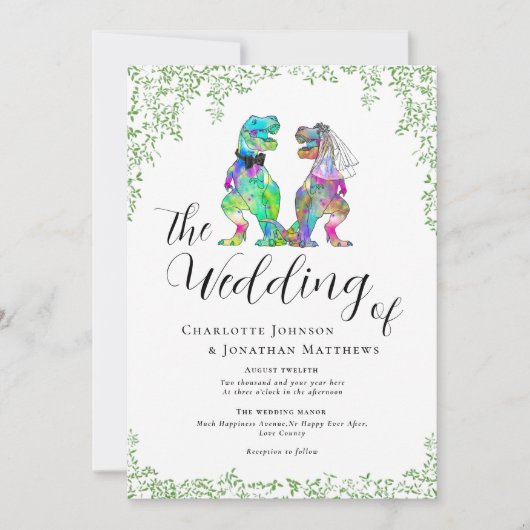 Kleurrijke dinosaurus thema bruiloft kaart (Voorkant)